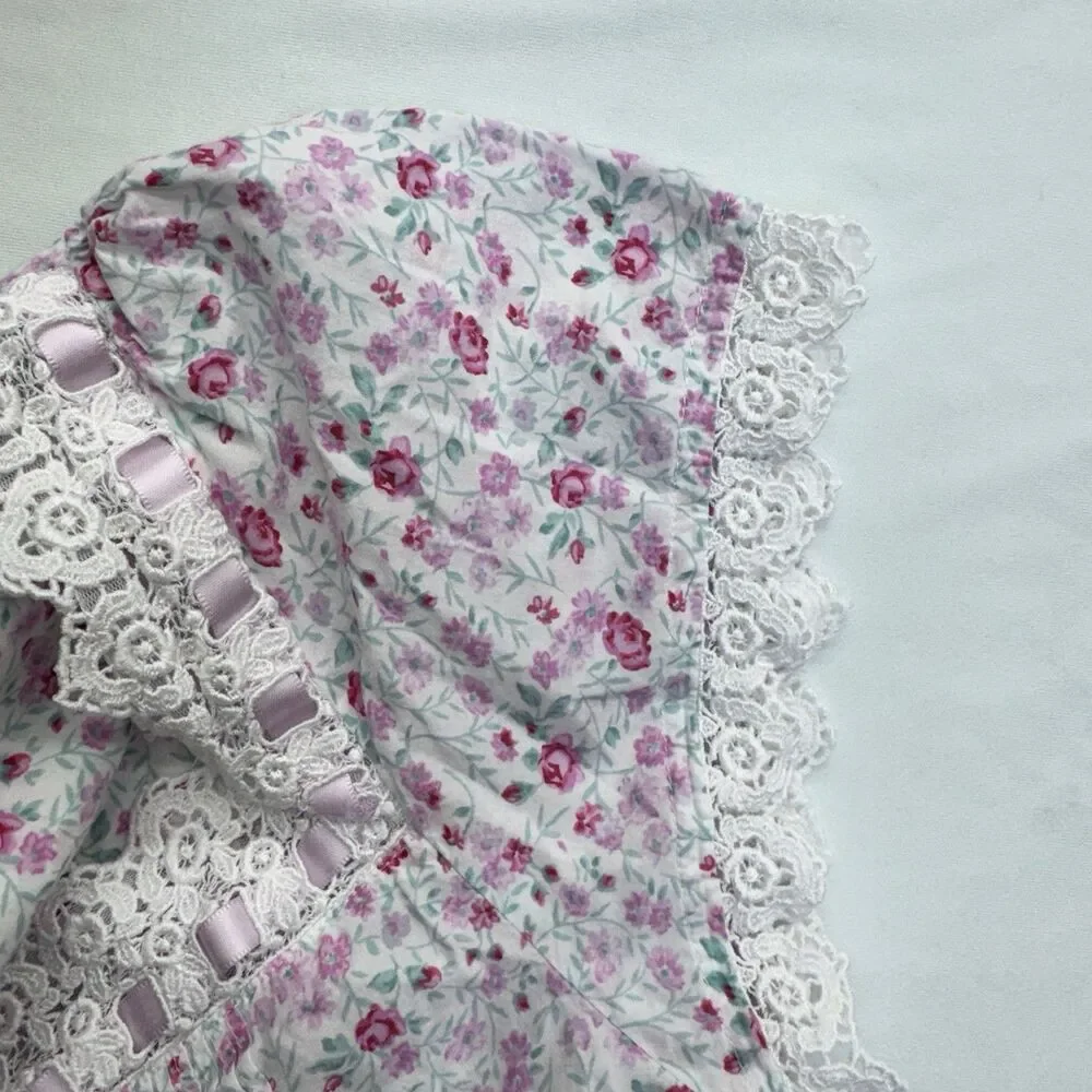 Eileen West Women’s Floral Cotton Nightgown M Pink White Lace Pintuck Button
